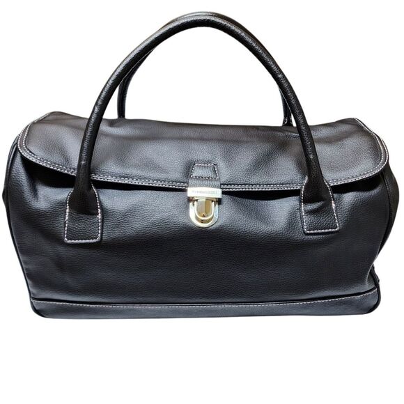 Victoria's Secret Weekender Bag Black Faux Leather Snap Double Handle Travel - Picture 1 of 16